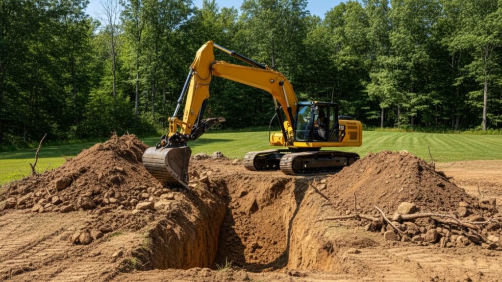 Heavy excavator digging trench with extended hydraulic arm in Prospect Connecticut construction site