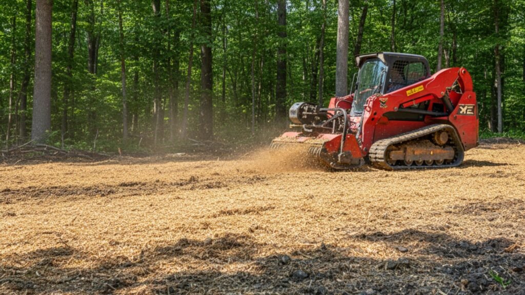 Skid steer creating defensible space firebreak at Connecticut property edge