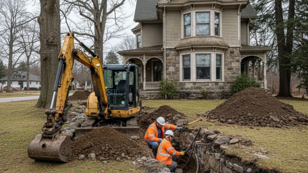 Compact excavator exposing foundation for repairs at Victorian home in Ansonia CT