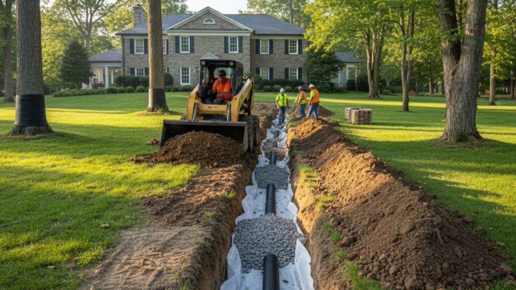French drain excavation with track loader at Federal home in Southbury Connecticut