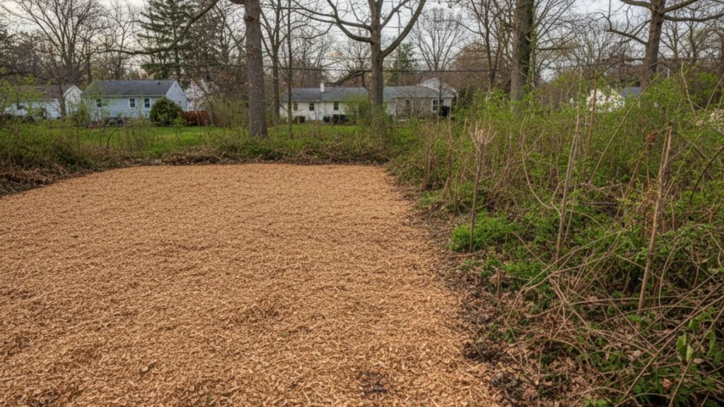 Before and after view of mulched residential lot in Connecticut showing cleared area