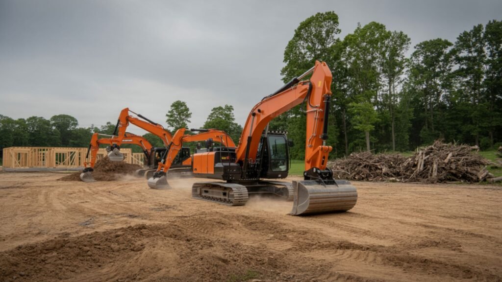 Orange excavators clearing residential land in Connecticut with trees and construction in background