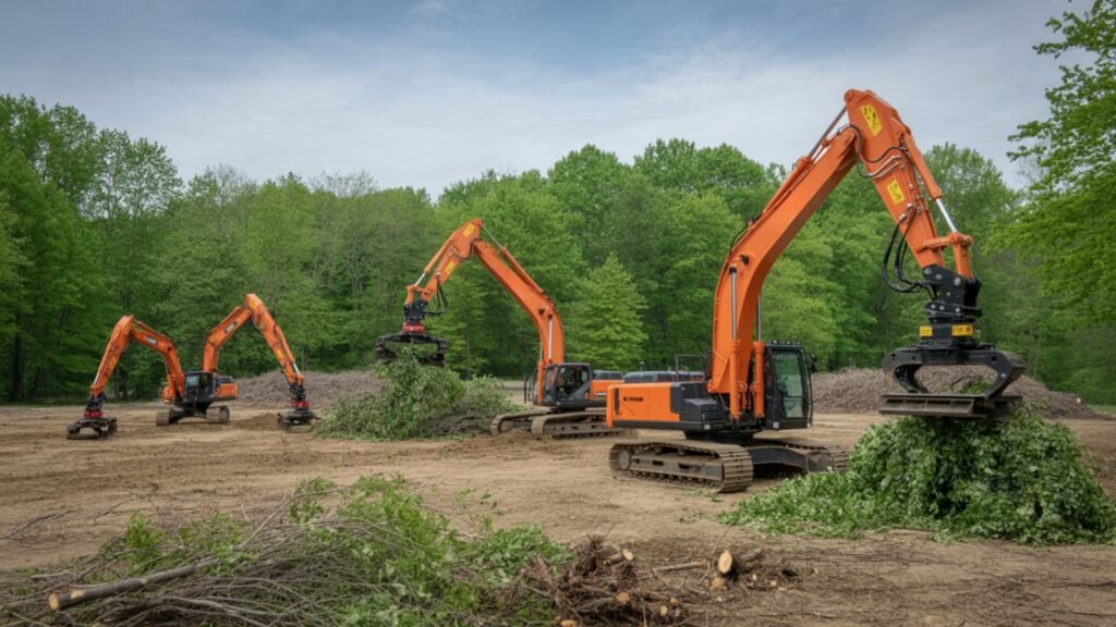 Orange excavators clearing land with trees and debris piles in Connecticut construction site
