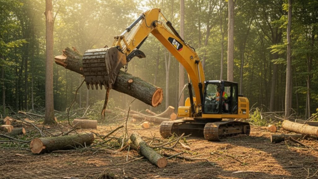 Heavy excavator clearing trees and debris from residential building lot