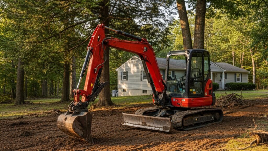 Red compact excavator clearing residential lot for home addition in Seymour Connecticut