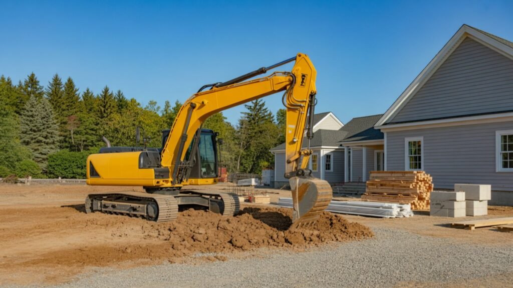 Excavator performing lot grading at Connecticut residential construction site with gray colonial house