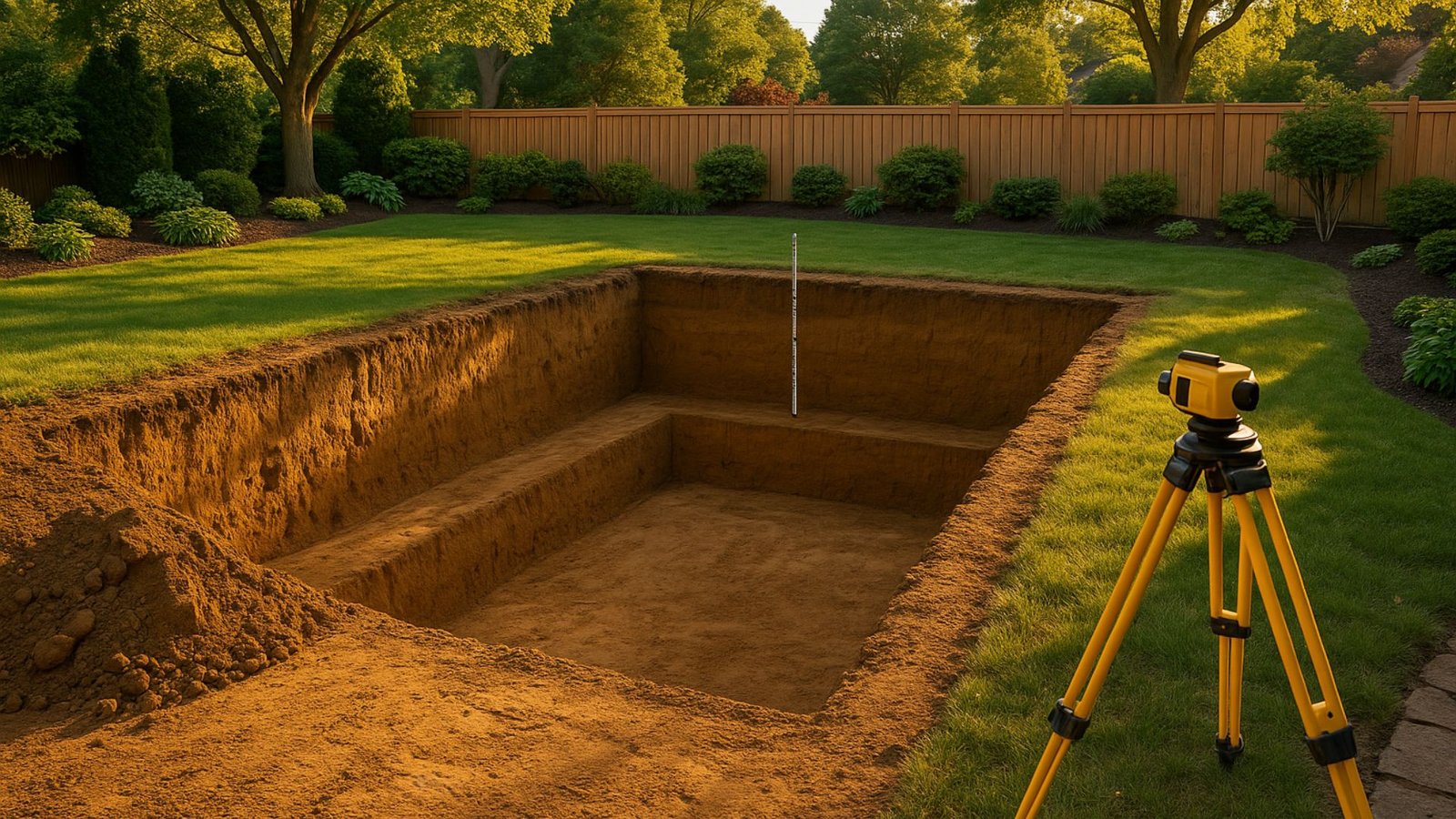 Graded pool excavation site with surveyor equipment in professionally landscaped Connecticut yard"