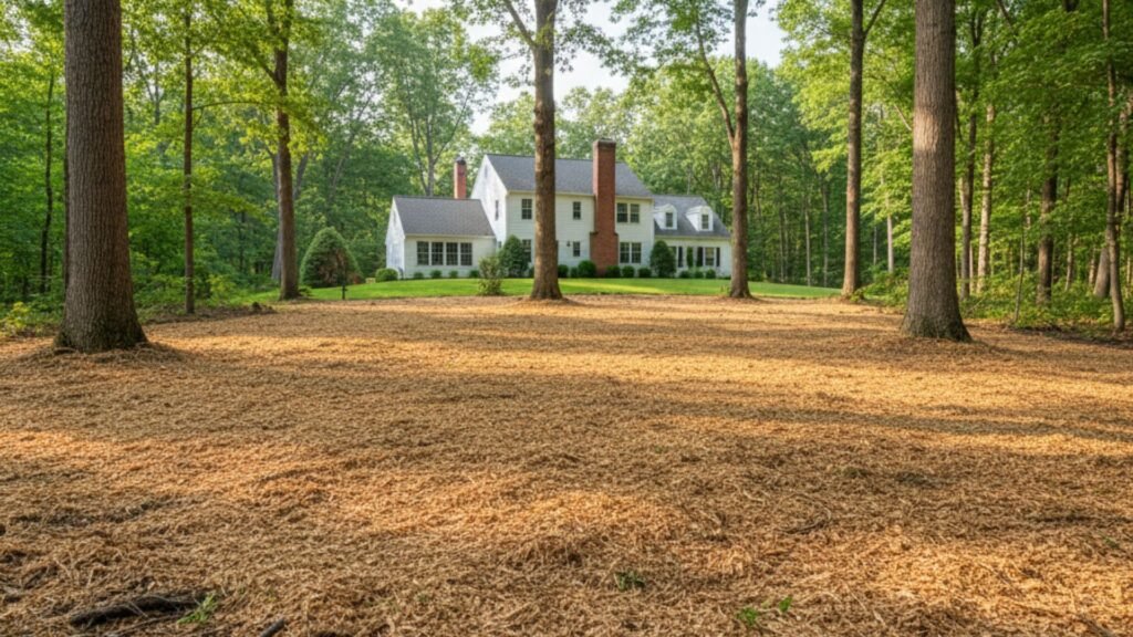 Completed forestry mulching project showing cleared residential lot with wood chip ground cover