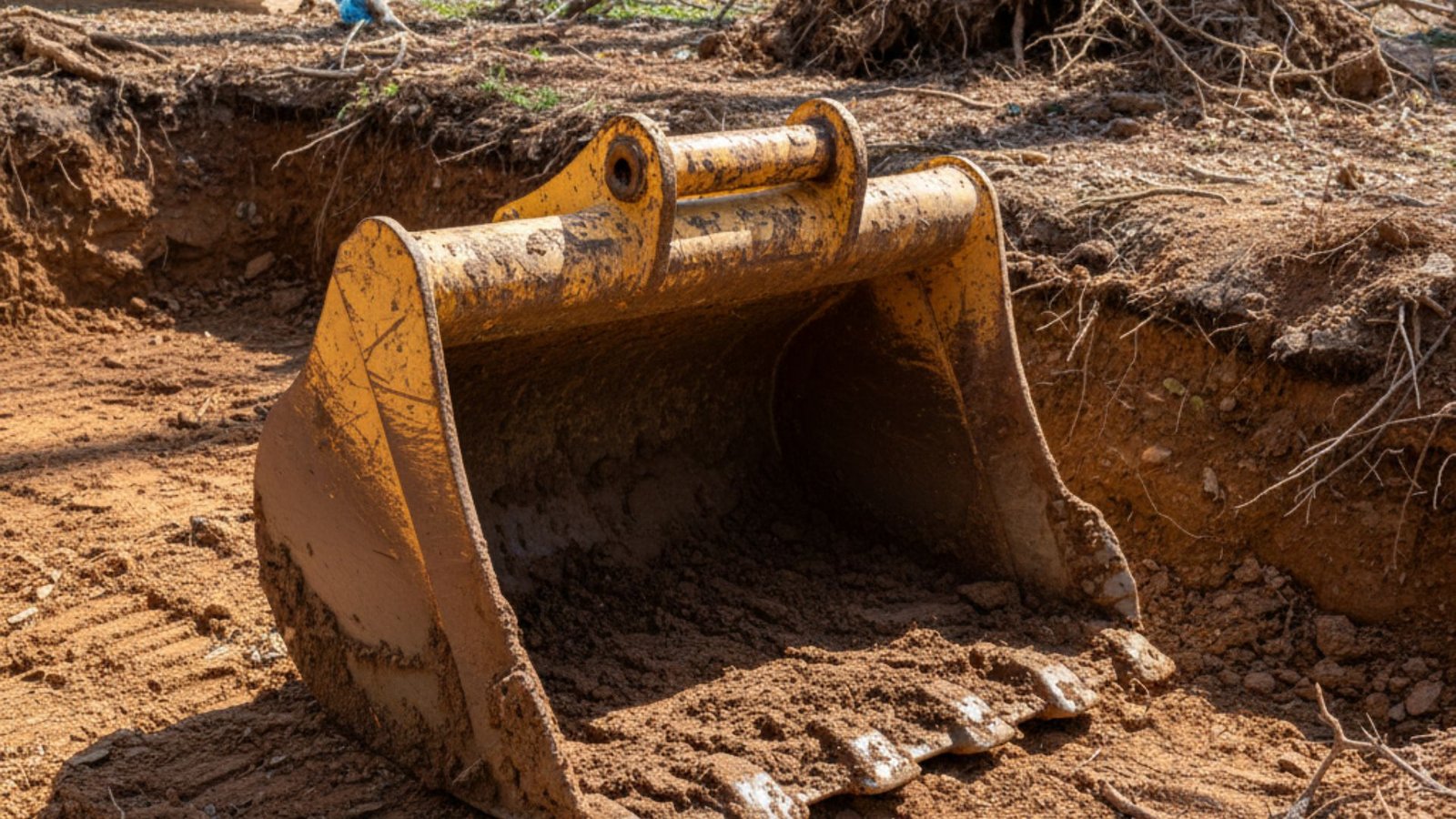 Yellow excavator bucket in residential excavation site with Connecticut clay soil and exposed tree roots