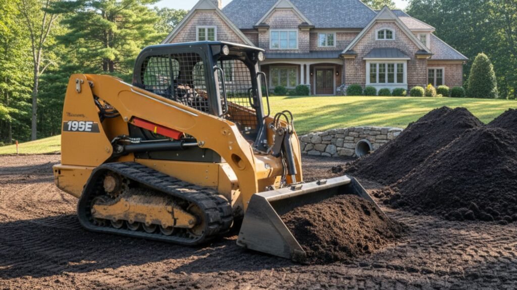 Professional grading work at shingle-style home with staged topsoil Bridgewater CT