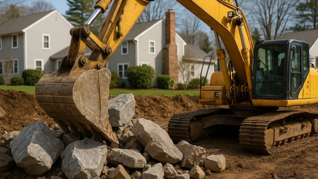 Heavy machinery removing granite rocks and concrete at Connecticut excavation site