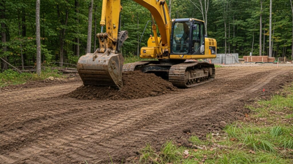 Large excavator clearing and grading residential building lot in Seymour Connecticut