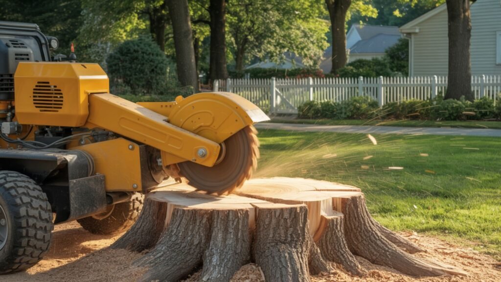 Close-up of a yellow stump grinder cutting through a large tree stump with wood chips flying across a residential lawn