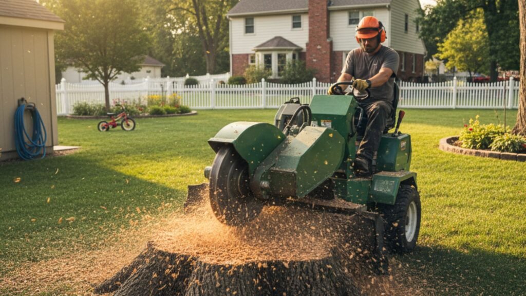 Green stump grinder removing a large tree stump in a sunny backyard with a house in the background.