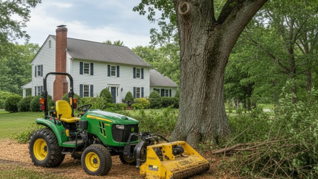 John Deere tractor with mulching attachment clearing brush around oak tree