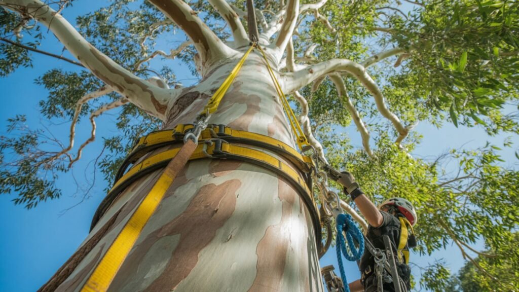 Tree removal rigging equipment with yellow straps on eucalyptus tree trunk viewed from below against blue sky