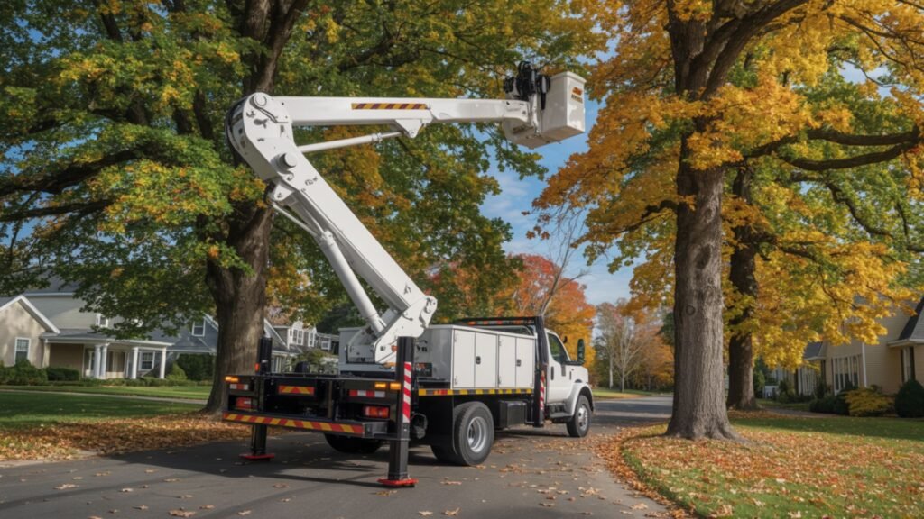 White boom truck with extended arm parked on driveway for tree removal work in Connecticut residential area
