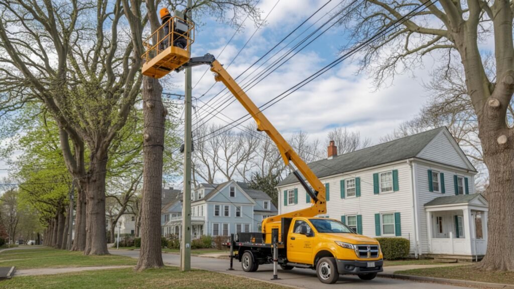Yellow aerial lift truck for tree trimming near maple trees and white colonial house in Connecticut