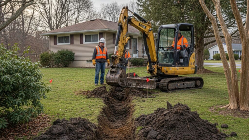 Excavator digging utility trench at ranch home in Ansonia CT with utility workers present