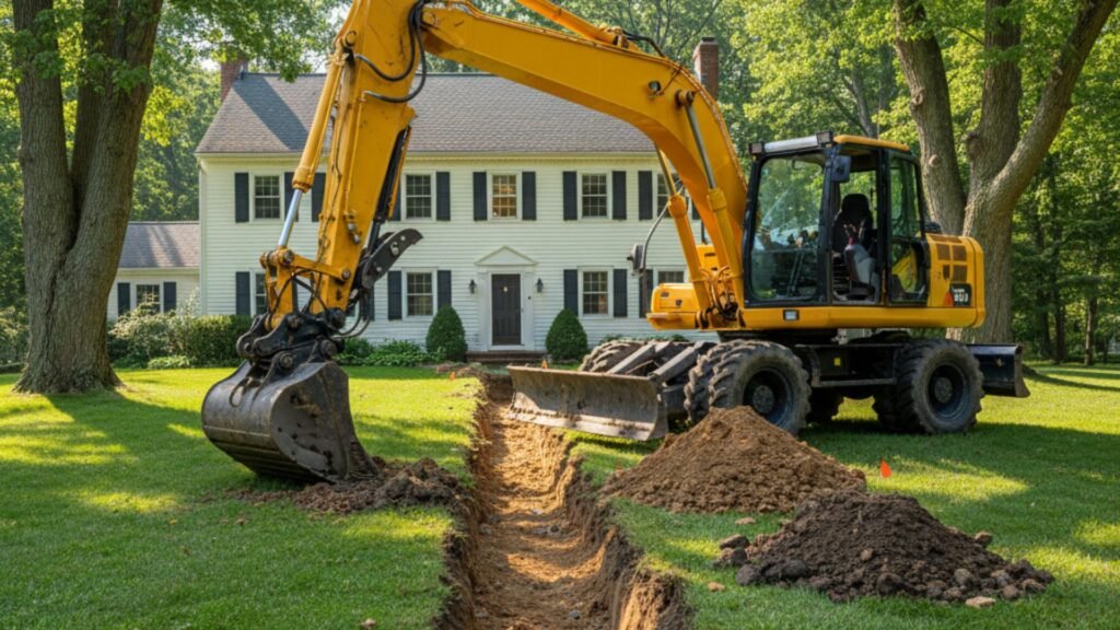 Yellow wheeled excavator digging utility trench at Colonial home in Seymour Connecticut