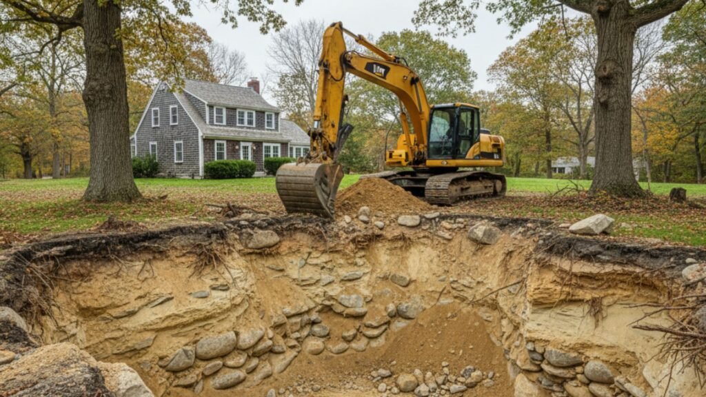 Deep basement excavation showing soil layers near Cape Cod house in Watertown CT with oak trees