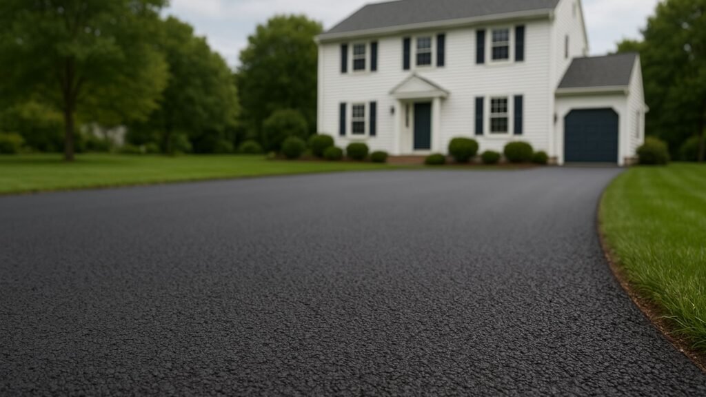 Close view of smooth black asphalt driveway surface with Connecticut home background