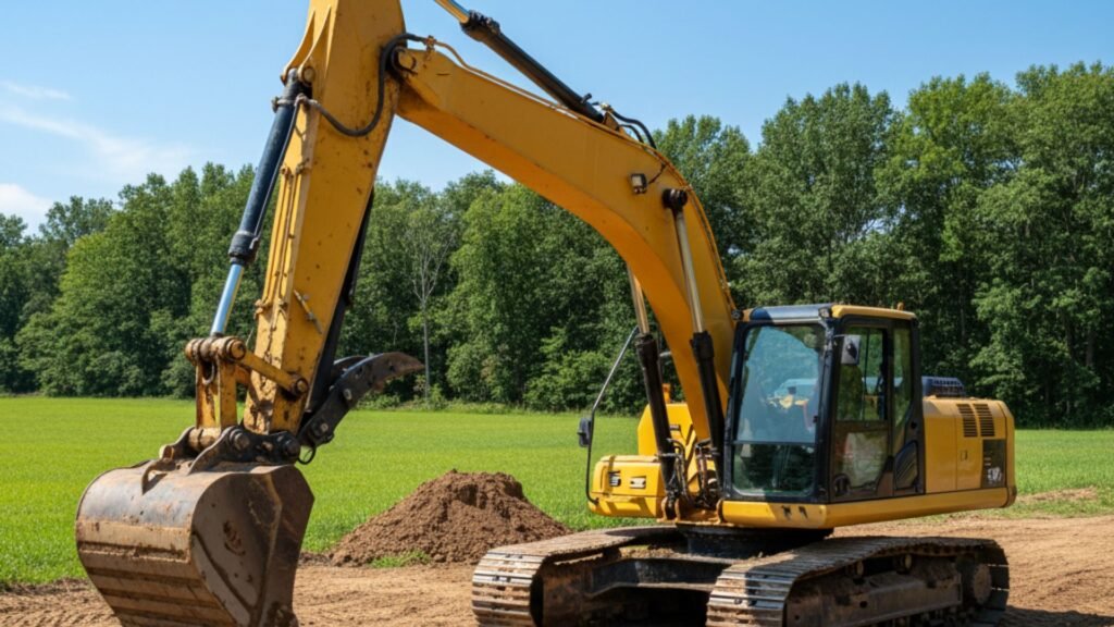 Yellow excavator digging on construction site with green field background in Naugatuck Connecticut