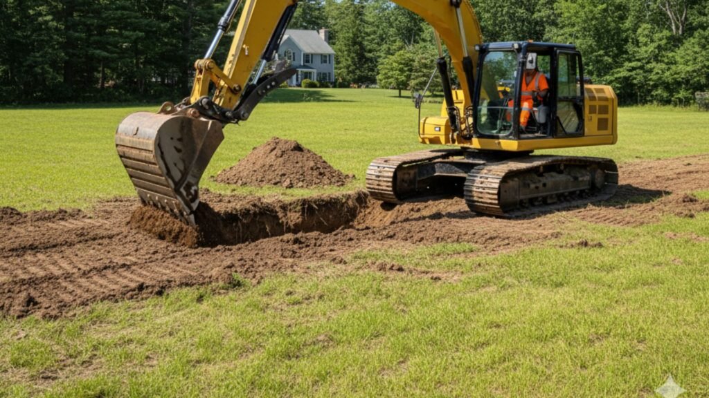 Yellow excavator digging on construction site with green field background in Oakville Connecticut