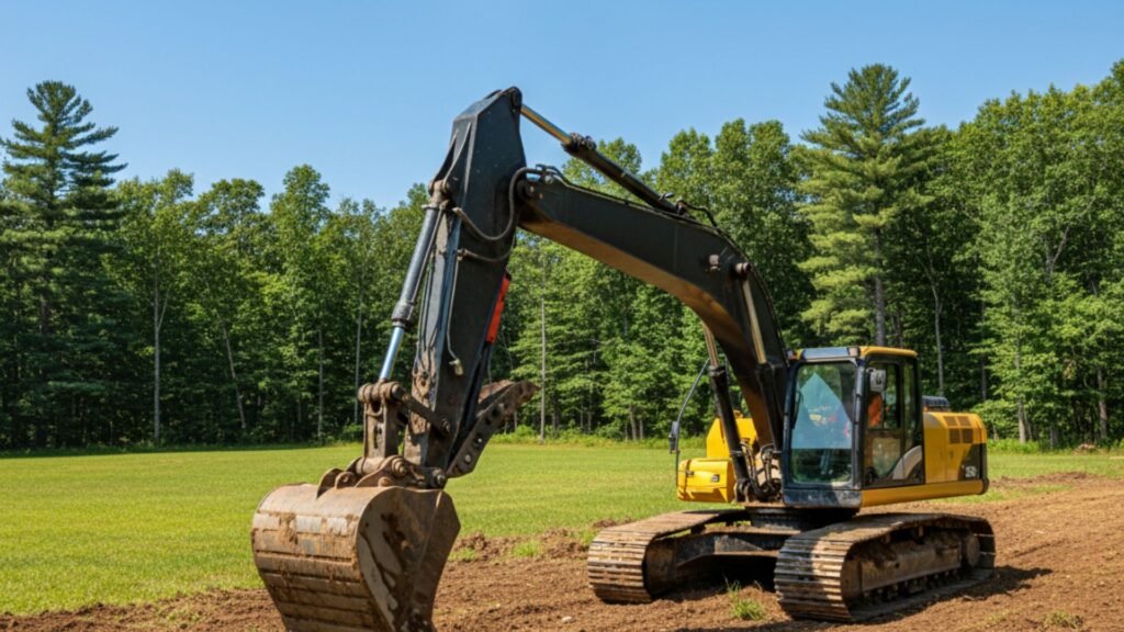 Yellow excavator digging on construction site with green field background in Prospect Connecticut