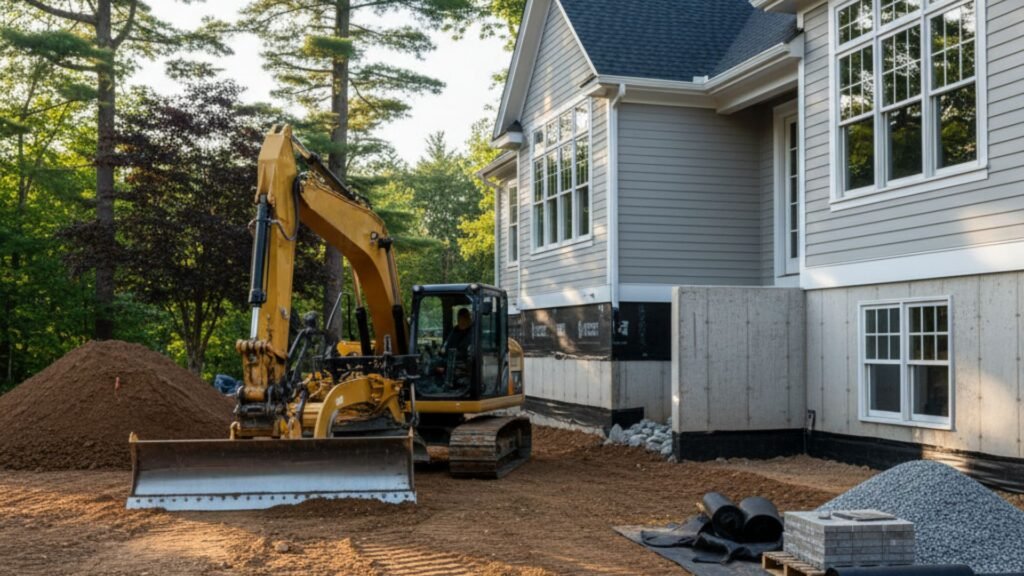 Excavator finish grading around new foundation with contemporary colonial house Newtown CT