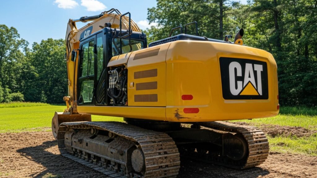 Three-quarter rear view of excavator showing counterweight and tracks in Naugatuck Connecticut