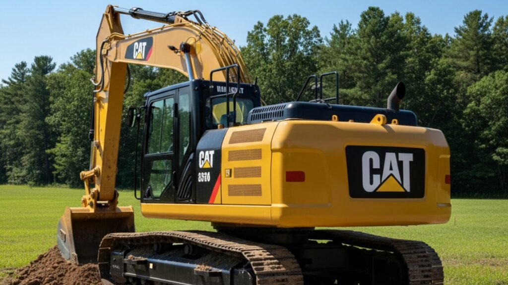 Three-quarter rear view of excavator showing counterweight and tracks in Oakville Connecticut