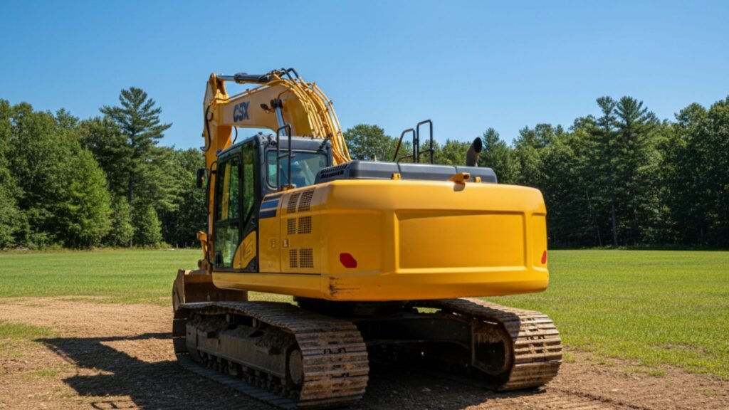 Three-quarter rear view of excavator showing counterweight and tracks in Prospect Connecticut