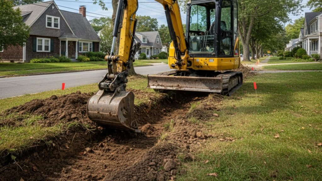 Compact excavator digging utility trench along street in Seymour Connecticut