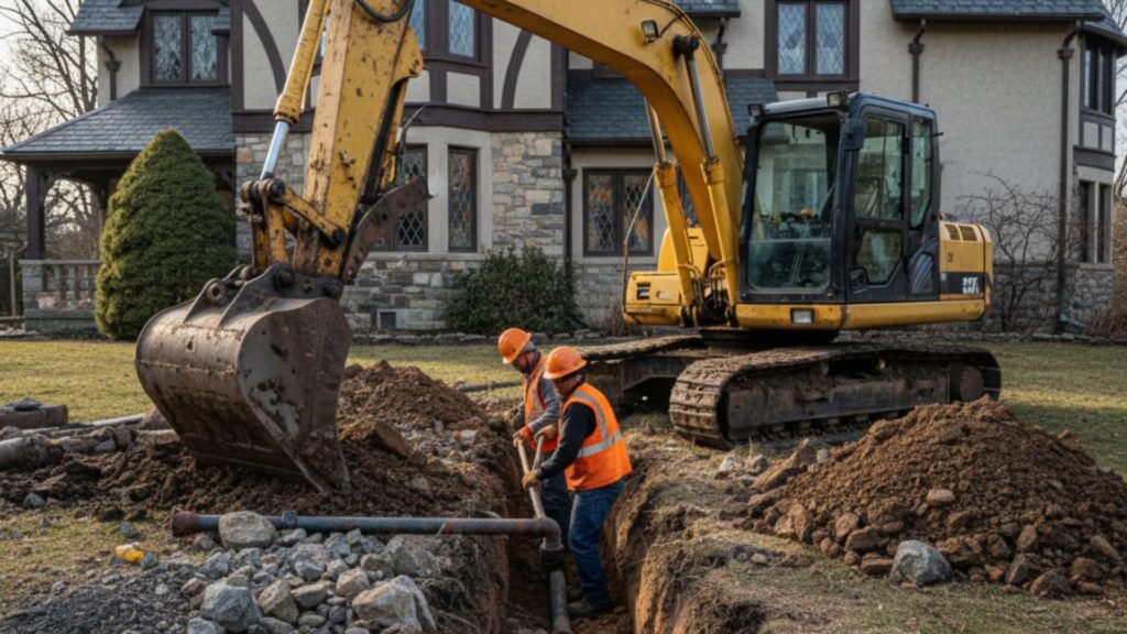 Excavator exposing water service line at Tudor home in Ansonia CT with utility workers