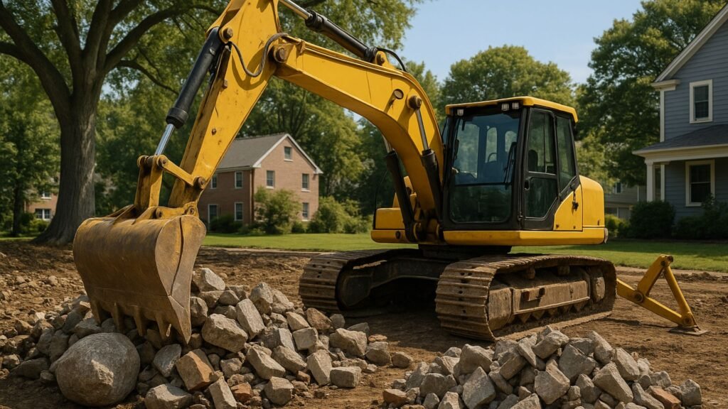 Backhoe clearing stone debris from Connecticut residential development site