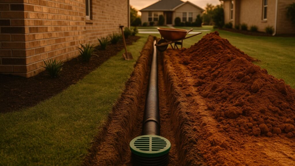 A narrow trench with a newly installed black drainage pipe topped with a green grate runs beside a brick home, surrounded by graded soil and green grass.