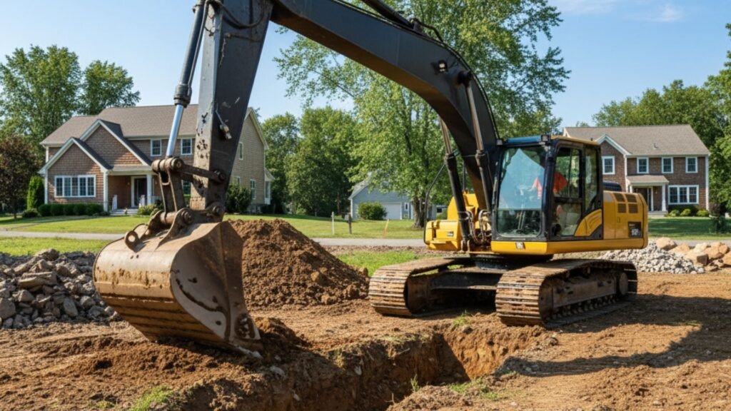 Residential excavator digging foundation work at Naugatuck CT residential site