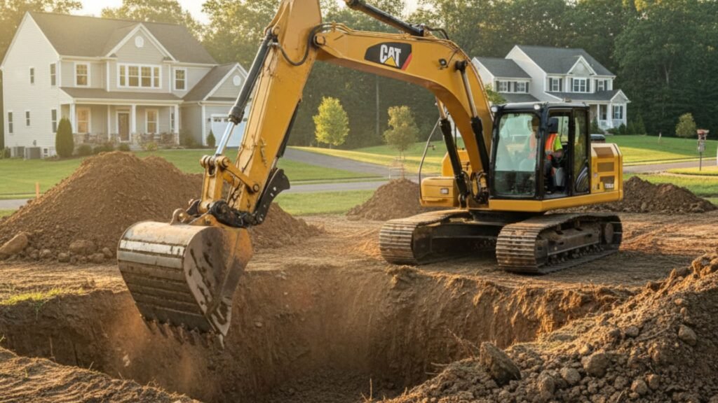 Excavator digging foundation hole for new home construction in residential area