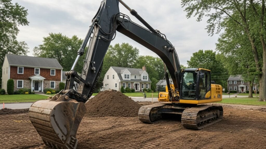 Heavy excavator performing residential site work in Naugatuck Connecticut neighborhood