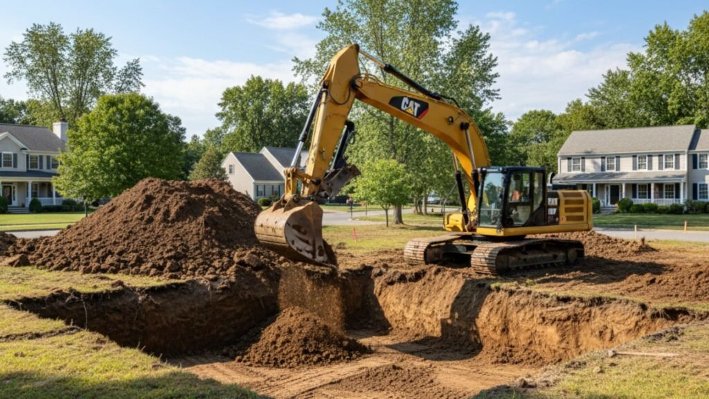 Excavator digging residential foundation with dirt pile in suburban Shelton CT neighborhood