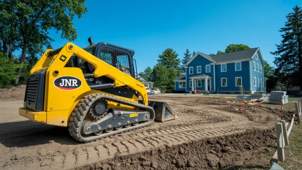 Yellow track loader performing residential grading work at Connecticut construction site with blue house