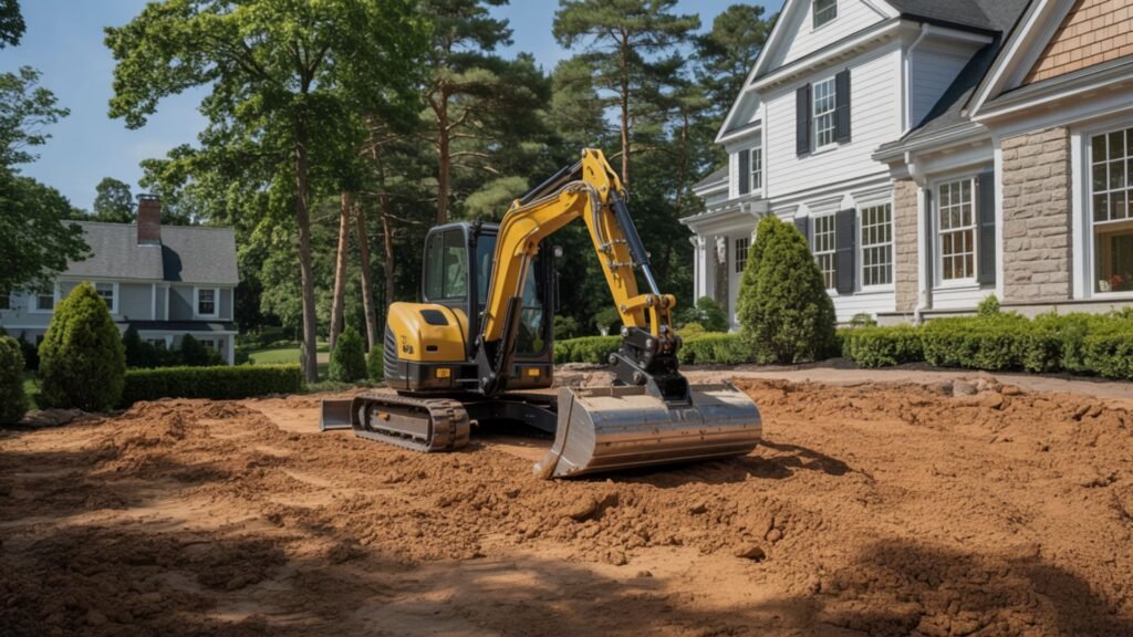 Yellow excavator finishing lot grading near stone accent colonial in Connecticut neighborhood