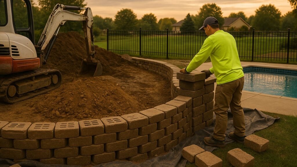 Worker in neon yellow shirt placing concrete blocks for a retaining wall near a pool in a suburban backyard during golden hour under overcast skies.