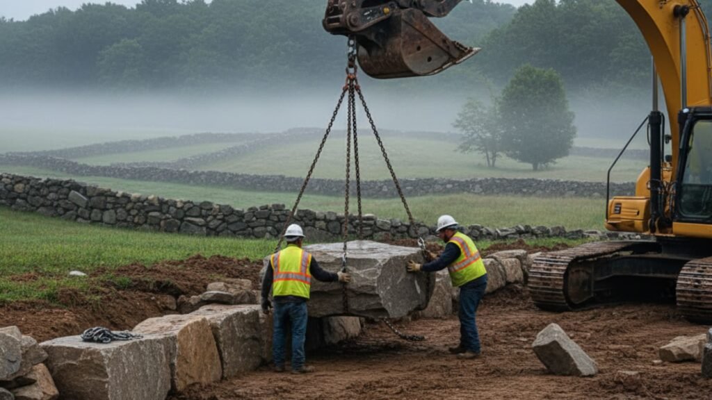 Excavator placing large fieldstone blocks for retaining wall construction on terraced hillside