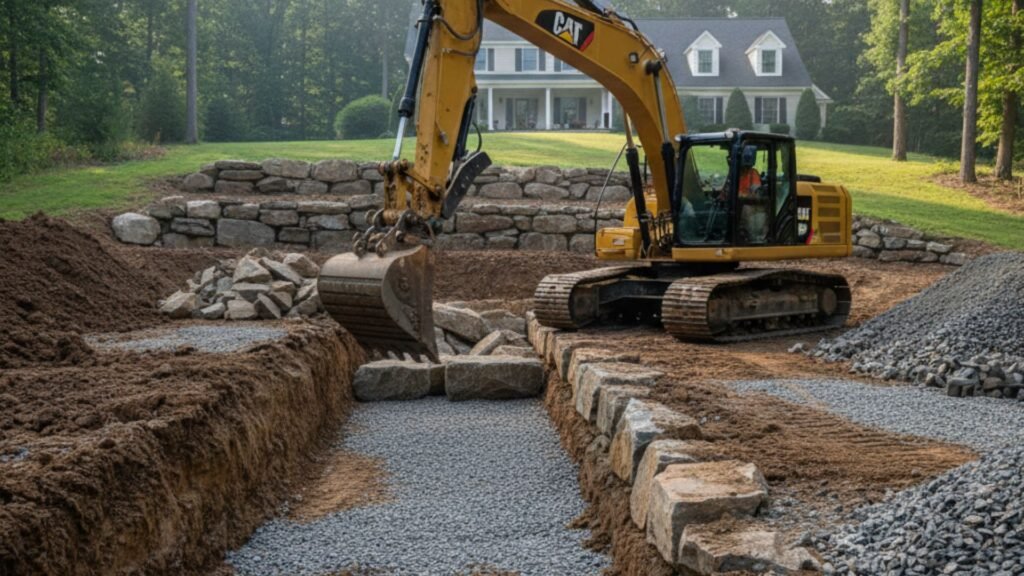 Professional excavator installing retaining wall foundation with stone materials on Shelton hillside