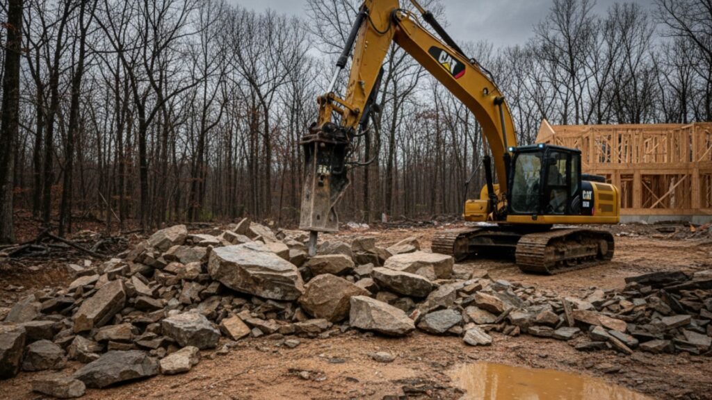 CAT excavator with hammer attachment demolishing rocks in Monroe CT residential project