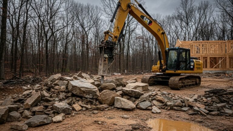 CAT excavator with hammer attachment demolishing rocks in Monroe CT residential project