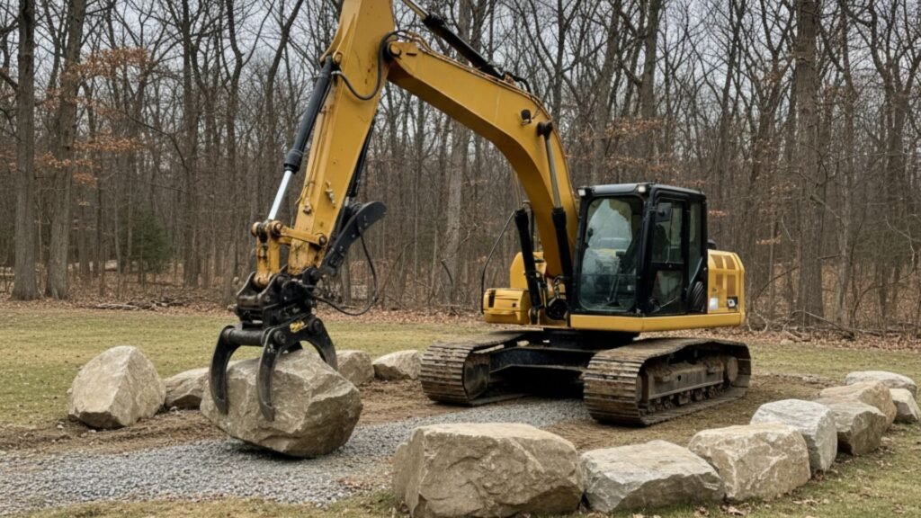 CAT excavator with thumb attachment moving rocks for landscaping in Roxbury CT residential yard