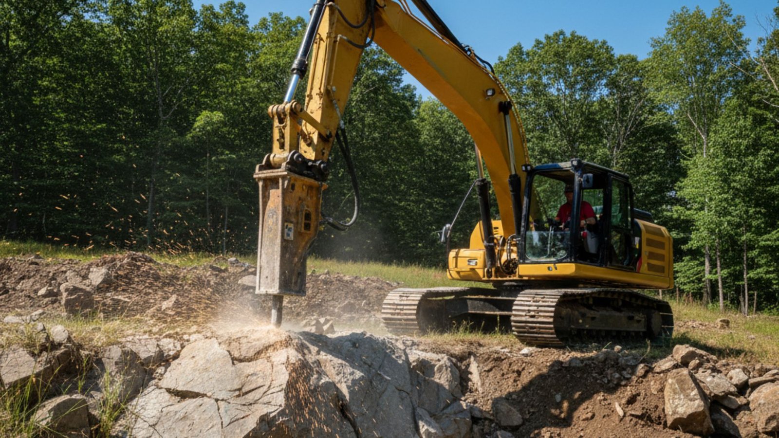 Heavy excavator with hydraulic breaker removing rocky ledge from construction site